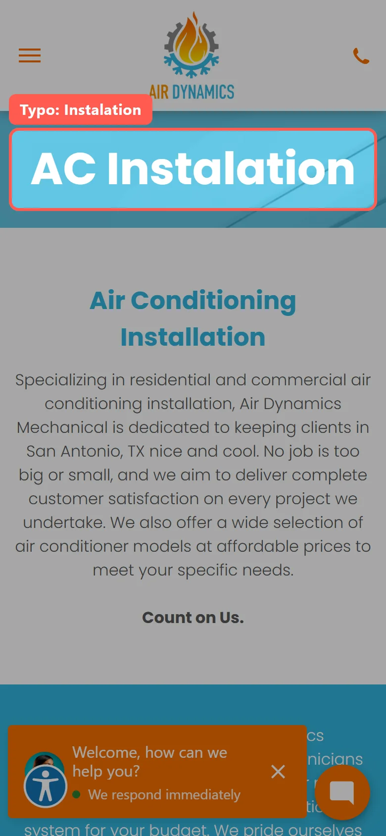 Before: Old services page with the heading AC Instalation, misspelled